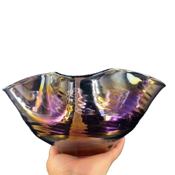 Hand Blown Chrome Iridescent Purple Art Glass Bowl Dish Ruffled Edge Large Bowl - Picture 7 of 16